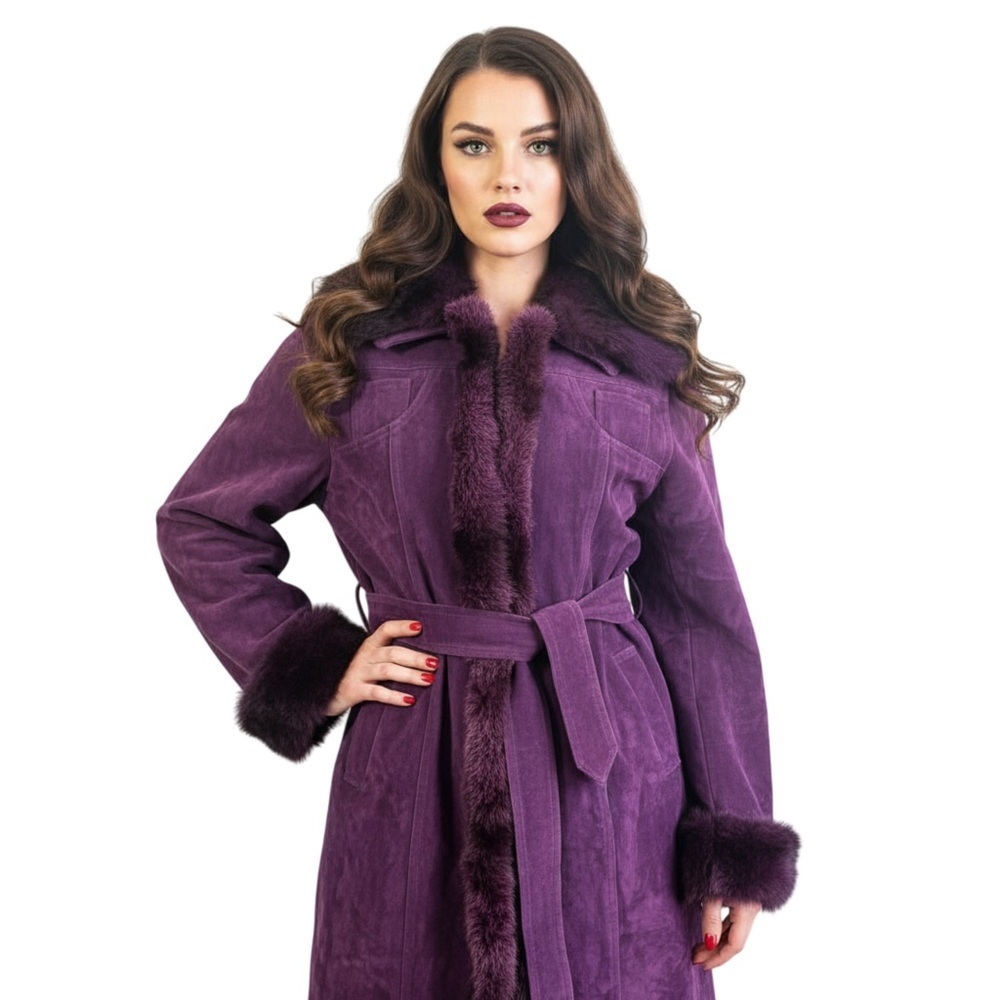 SANDUO PURPLE SUEDE FUR TRIMMED COAT JACKET WOMENS SIZE SMALL